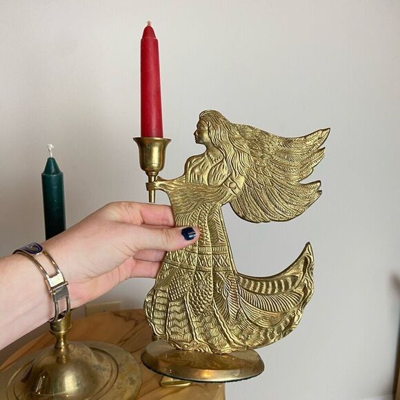 Three Vintage Solid Brass Decor Holiday Christmas Angel Taper Candle Holders - Picture 3 of 9